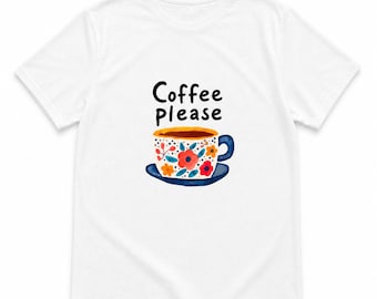 T-shirt met bloemenprint en koffiemotief, kleurrijk T-shirt voor koffieliefhebbers, leuk cadeau voor barista's, wit unisex T-shirt met grafische print