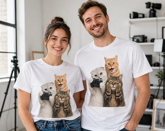 Grappig T-shirt met kattenfoto's, T-shirt met drie katten en camera's, leuk cadeau voor kattenliefhebbers, wit unisex T-shirt met print.