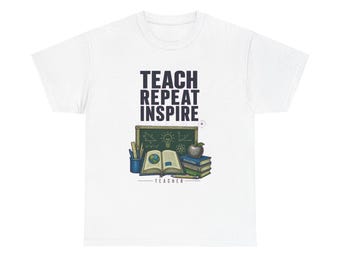 T-shirt voor leerkrachten, T-shirt met de tekst "Teach Repeat Inspire", cadeau voor leerkrachten, kleurrijk vintage T-shirt voor een carrière