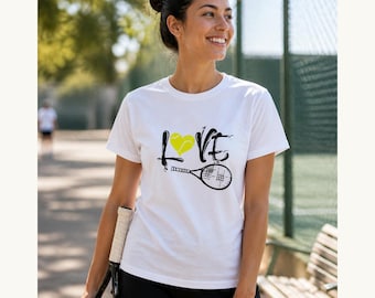 Tennis Lover T-Shirt, LOVE Tennis Ball Heart Tee, Cute Racket Sports Gift, Unisex White Cotton Shirt