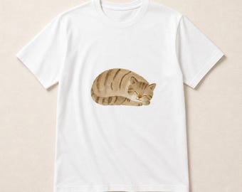 T-shirt met slapende kat, aquarel gestreepte kat, gezellig cadeau voor kattenliefhebbers, leuk wit unisex shirt met print