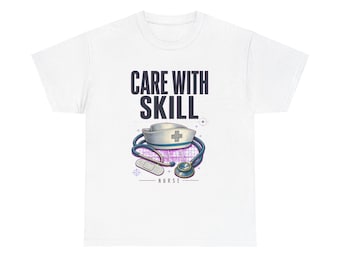 T-shirt voor verpleegkundigen, T-shirt met de tekst "Zorg met vaardigheid", cadeau voor verpleegkundigen, kleurrijk vintage T-shirt voor een carrière in de verpleegkunde.