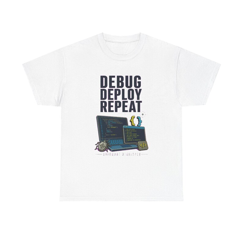 Camiseta para desarrolladores de software, camiseta gráfica "Debug Deploy Repeat", regalo para desarrolladores de software, camiseta vintage colorida para la carrera profesional. imagen 1