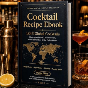 Può includere: Un libro di cucina blu scuro intitolato "Cocktail Recipe Ebook" con testo dorato e un'illustrazione della mappa del mondo. Il libro contiene 1.013 ricette di cocktail globali. Uno shaker per cocktail e un bicchiere da cocktail sono visibili.