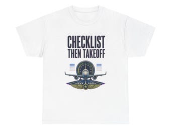 Pilotenshirt, T-shirt met checklist en opstijgen, pilotencadeau, kleurrijk vintage carrière-T-shirt