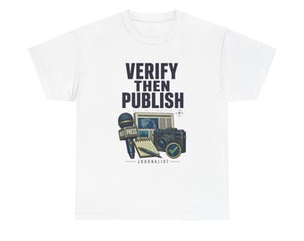 Journalisten T-shirt, T-shirt met de tekst "Verify Then Publish" (Verifiëren en dan publiceren), cadeau voor journalisten, kleurrijk vintage carrière T-shirt