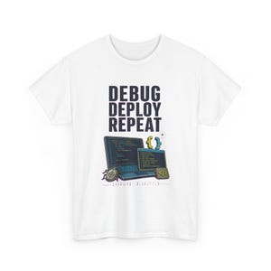 Camiseta para desarrolladores de software, camiseta gráfica "Debug Deploy Repeat", regalo para desarrolladores de software, camiseta vintage colorida para la carrera profesional. imagen 2