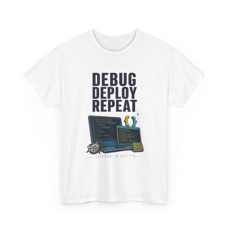 Camiseta para desarrolladores de software, camiseta gráfica "Debug Deploy Repeat", regalo para desarrolladores de software, camiseta vintage colorida para la carrera profesional. imagen 2