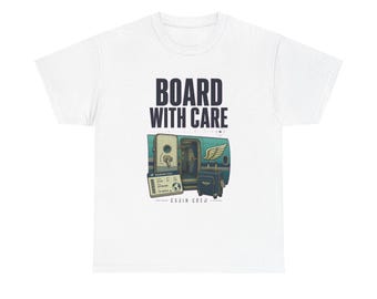 T-shirt voor stewardessen, T-shirt met de tekst "Board With Care", cadeau voor stewardessen, kleurrijk vintage T-shirt voor een carrière in de luchtvaart.