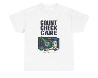 T-shirt voor apothekers, T-shirt met opdruk 'Tellen, Controleren, Zorgen', cadeau voor apothekers, kleurrijk vintage T-shirt voor een carrière in de apothekersbranche