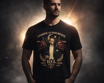 Atatürk 103. Jahrestag T-Shirt Republik Türkei 1923 2026 Weinlese-türkische Flaggen-Grafik-T-Stück Patriotisches Geschenk Unisex schwarzes Hemd