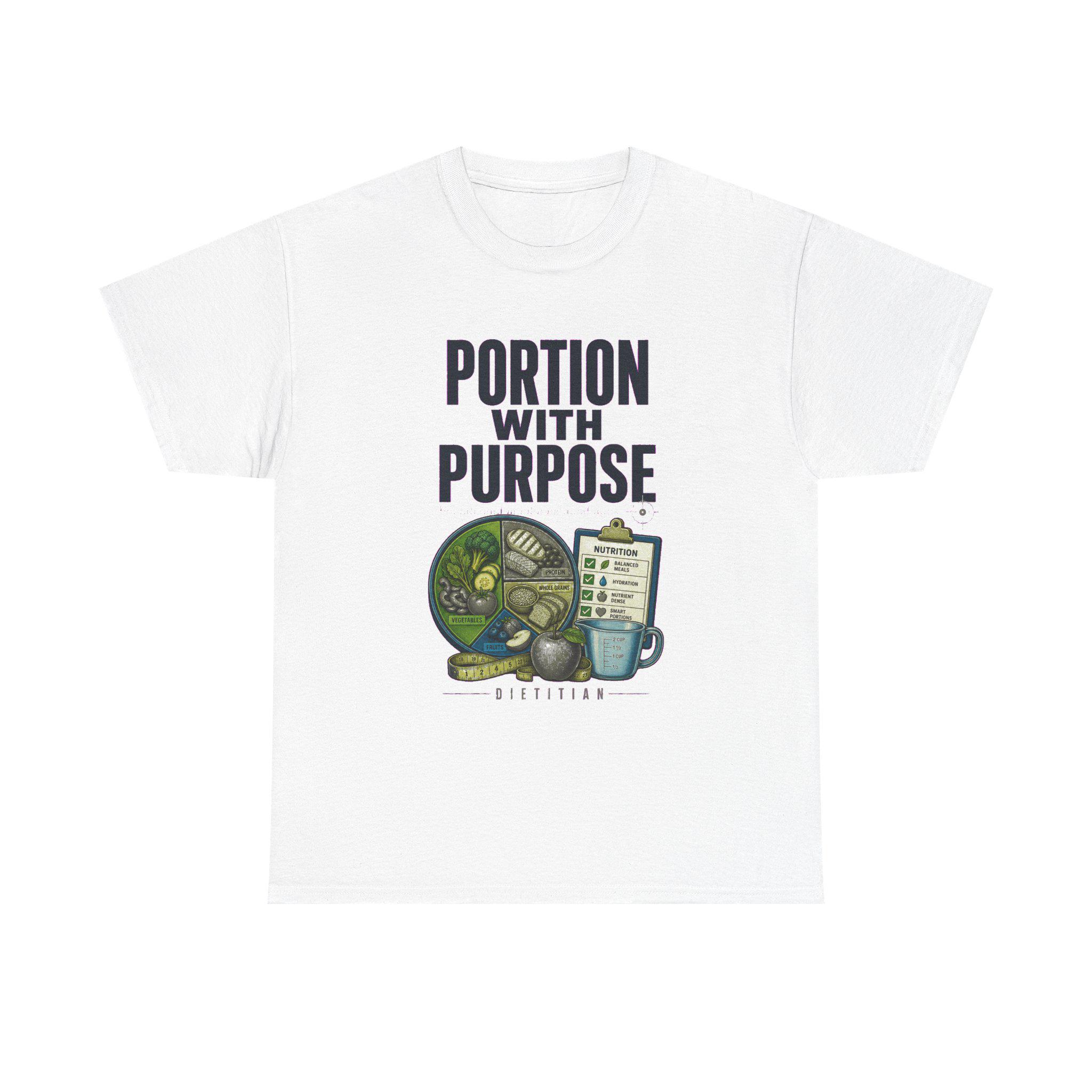 T-shirt voor diëtisten, T-shirt met de tekst "Porties met een doel", cadeau voor diëtisten, kleurrijk vintage T-shirt voor een carrière in de voedingsleer.