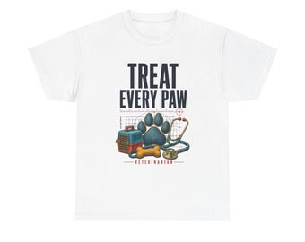 T-shirt voor dierenartsen, T-shirt met de tekst "Treat Every Paw" (Behandel elke poot), cadeau voor dierenartsen, kleurrijk vintage T-shirt voor een carrière in de dierenartsenzorg
