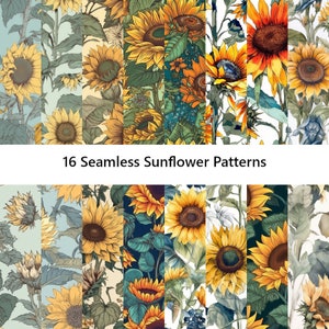 16 Seamless Sunflower Patterns - Sunflower Digital Paper for Digital Crafting & Scrapbooking. A combination of vivid and vintage colors
