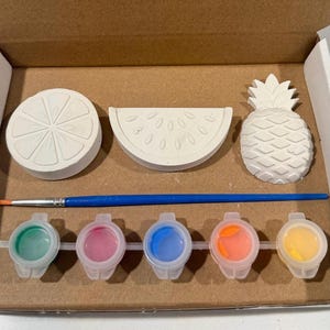 May include: A craft kit in a cardboard box containing three white plaster fruit shapes: a round citrus slice, a watermelon wedge, and a pineapple. Included is a blue paintbrush and a strip of five small plastic paint pots with green, pink, blue, orange, and yellow paint.