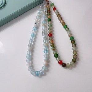 Correa para teléfono con cuentas de ágata natural, pulsera personalizada para teléfono, correa para teléfono con cuentas de piedra azul lago y pavo real, correa para cámara