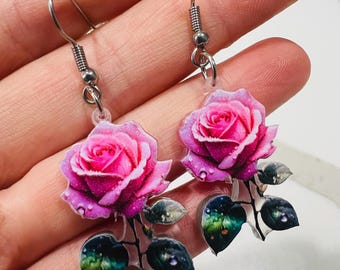 Rose Earrings Dangle, Valentines Earrings, Flower Earrings, Red Rose Earrings, Pink Rose Earrings, Earrings Gift ideas
