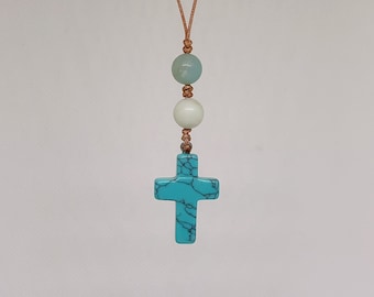 Cross Car Mirror Hanger, Turquoise Stone Cross Car Charm, Cross home decoration, Elegant, Simple, lightweight