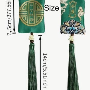 May include: Two green fabric pendants with tassels. One pendant has a gold emblem with Chinese characters, the other has a decorative design. Each pendant is 7.5 cm long, 5 cm wide, and has a 14 cm tassel.