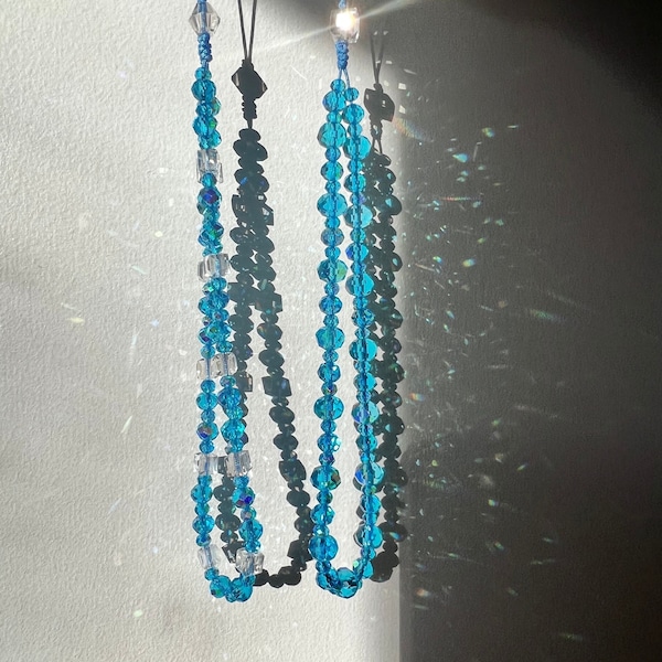 Ocean Blue SunCatcher Glass Crystal Beaded Phone Wrist Strap, Personalized Phone Wrist Strap, Camera strap, Bling Strap, Blue wrist Strap