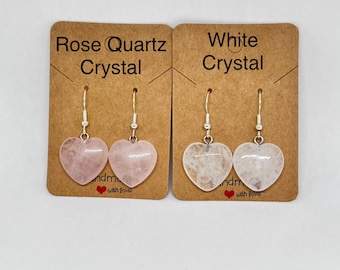 Heart Earrings, Rose Quartz crystal Heart Earrings, White Crystal Heart Earrings, Heart Shape Earrings, Gift Ideas