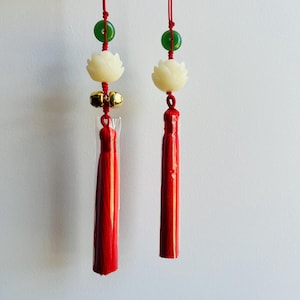 Lucky Car Charm, Tassel Car Mirror Hanger, Jade safety Buckle, Carved White Lotus Lily, Feng Shui Charm