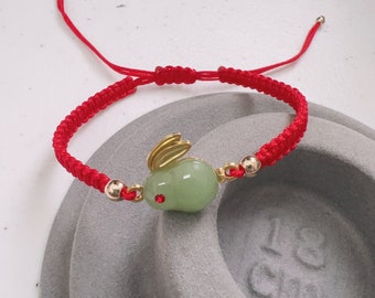 Protection Good Luck Bracelet, Rabbit Charmed Bracelet, White/Green Jade Gold Rabbit Charmed Bracelet, ADJUSTABLE Bracelet/Anklet