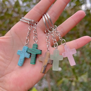 Stone Cross Keychain, Yellow Tiger Cross, Turquoise Cross, Rose Quartz Cross, Green Aventurine Cross, Malachite, Personalized Cross Keychain