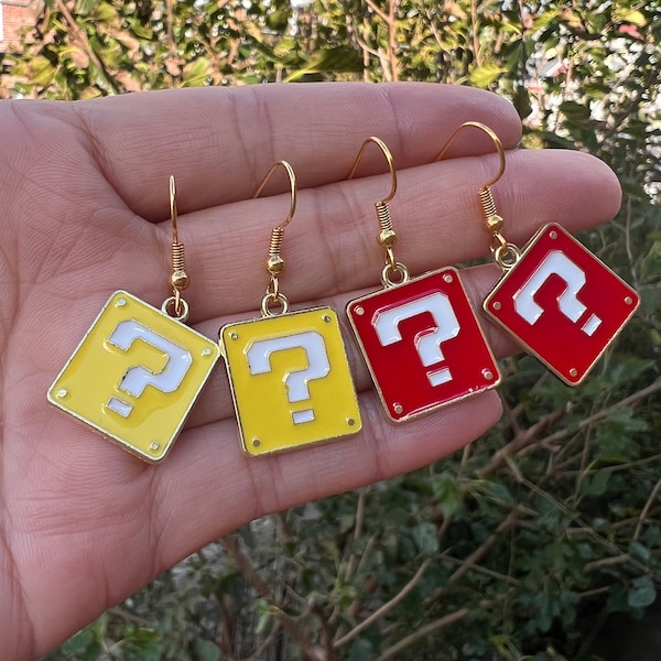 Super Mario Question Mark Block Earrings, Red Question Mark Earring, Yellow Question Mark Earring, square shape earrings