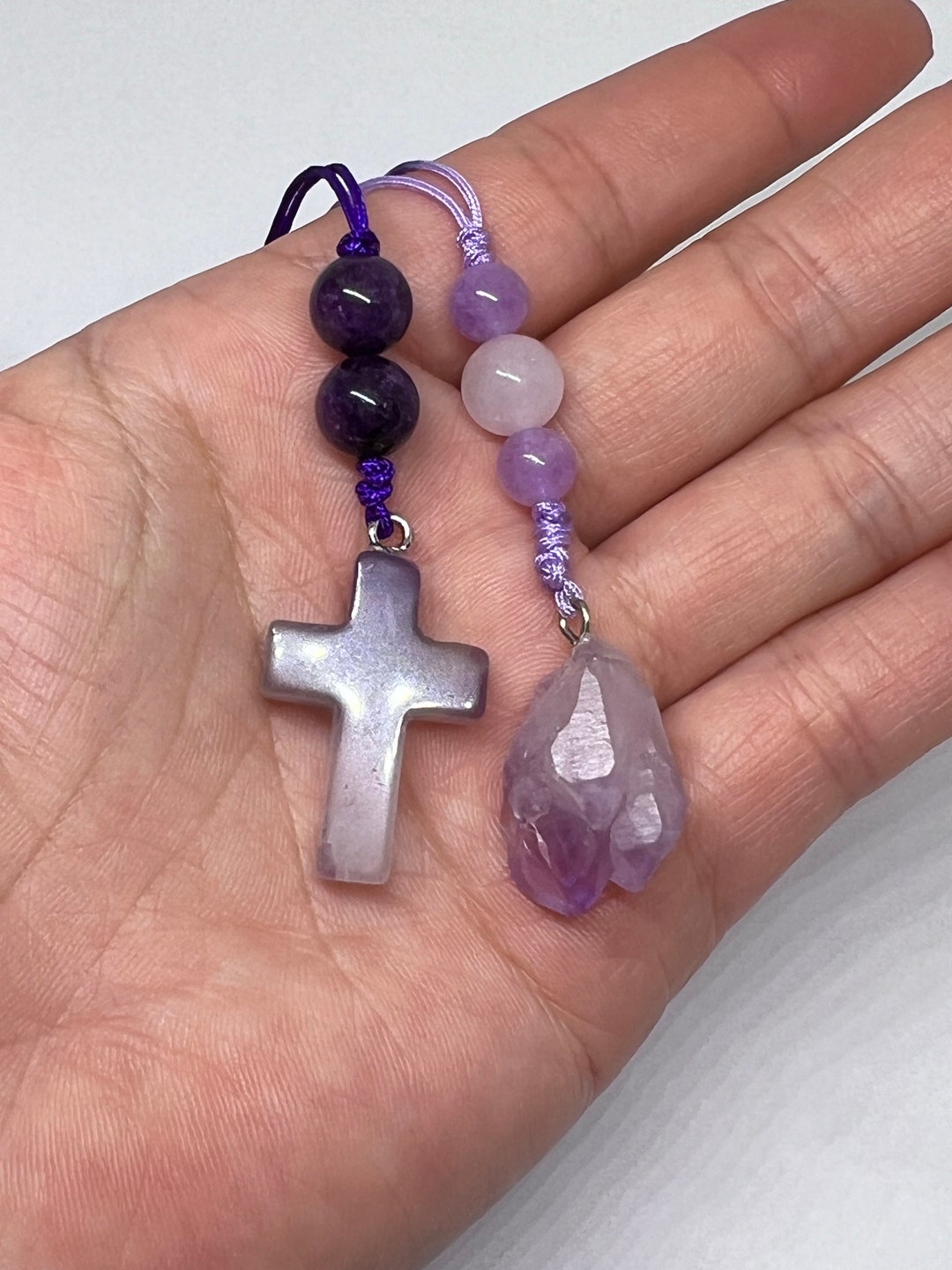 Purple Cross Car Mirror Hangers, Amethyst Crystal Cross Car Charm