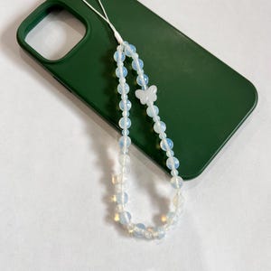 Opal Beaded Phone Wrist Strap , beaded phone Wristlet, Keys strap, Purse strap, Camera strap, Butterfly Charm, White phone Lanyard
