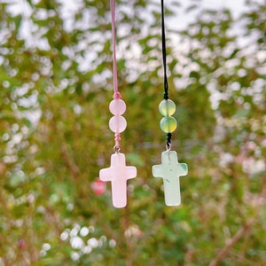 Cross Car Mirror Hangers, Natural Rose Quartz Cross Car Charm, Natural Green Aventurine Cross Car Charm, Elegant, Simple, lightweight