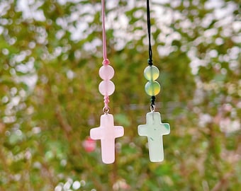 Cross Car Mirror Hangers, Natural Rose Quartz Cross Car Charm, Natural Green Aventurine Cross Car Charm, Elegant, Simple, lightweight