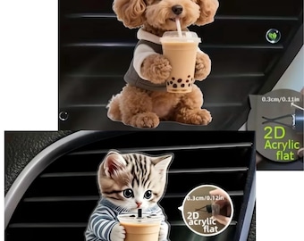 Dog Car Air Vent Clip, Cat Car Air Vent Clip, Car Air Refresher, Cat Drinking Boba Tea Car Decor, Cute Dog Drinking Bubble Tea Car Clip