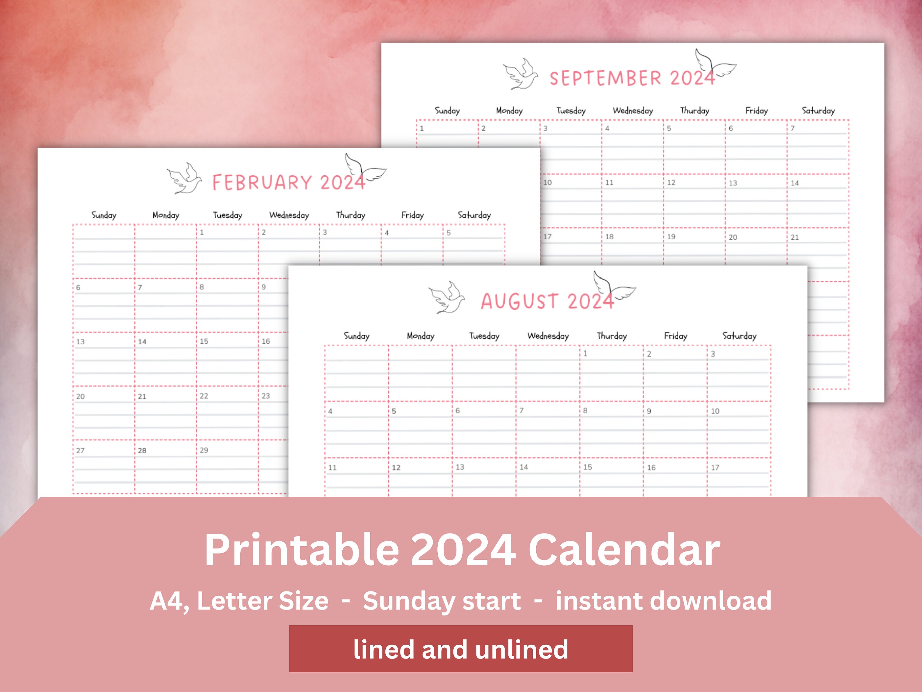 Printable Calendar 2024 Monthly Planner 2024 A4, Letter Size Landscape
