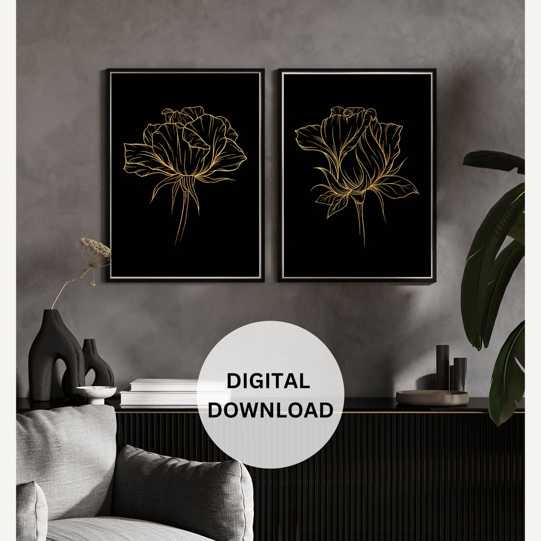 Black and Gold Floral Wall Art Set of 3 Prints Printable Etsy