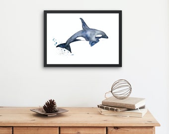 Whale wall art, killer whale ocean art print, sealife, art, killer whale swimming Orca print. Watercolour painting,wall art, ocean wall art.