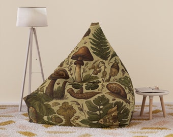 Enchanted Forest Bean Bag Chair - Vintage Goblincore Gift, Whimsical Mushroom and Woodland Creatures Design, Earthy Home Furnishings