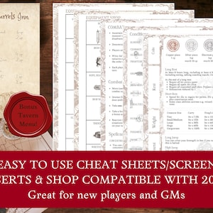 Könnte beinhalten: Eine Sammlung von Cheat Sheets für ein Fantasy-Rollenspiel und eine Tavernenkarte. Die Sheets enthalten Abschnitte für Kampf, Ausrüstung und Bedingungen. Die Tavernenkarte ist auf gealtertem Papier. Ein rotes Banner unten lautet "EASY TO USE..."