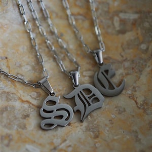Silver Initial Pendant Necklace - Old English Gothic Initial Necklace - Stainless Steel - Personalized Initial Necklace - Gift For Her, Him