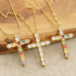 Cross Pendant Necklace - Colorful CZ Cross Necklace - Religious Necklace - Cross Jewelry - Gemstone Cross Necklace - Gift For Her , Mom
