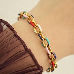 Gold Link Chain Bracelet - Colorful Oval Chunky Paperclip Link Bracelet - Stainless Steel Bracelet - Waterproof - Stackable Chunky Bracelets