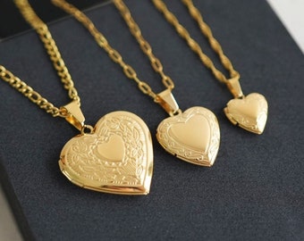Heart Locket Pendant Necklace - Gold Locket Necklace - Small Medium Large Heart Lockets - Stainless Steel - Personalized Gift - Gift For Her