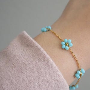 Flower Link Chain Bracelet - Blue Daisy Flower Bracelet - Floral Jewelry - Stainless Steel - Multi Flower Layering Necklace - Gift For Her