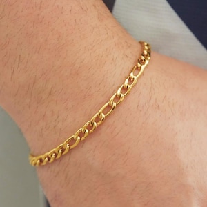 Men&#39;s Figaro Link Chain Bracelet - Gold Stainless Steel Figaro Bracelet - Men&#39;s Chain Bracelet - Men&#39;s Jewelry - Waterproof - Gift For Men