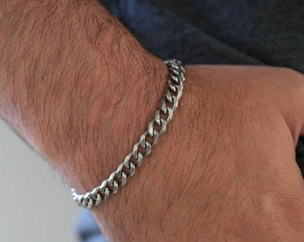 Men&#39;s Cuban Bracelet . Silver Curb Cuban Link Chain Bracelet . Stainless Steel Chains . Men&#39;s Silver Bracelet . Men&#39;s Jewelry .Gift For Him