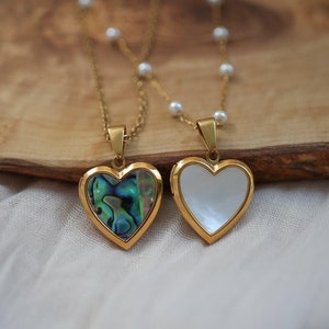 Shell Heart Locket Necklace - Mother Of Pearl Heart Necklace - Gold Locket Jewelry - Stainless Steel - Personalized Gift - Gift For Her