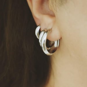 Chunky Silver Hoop Earrings - Waterproof Hypoallergenic Stainless Steel Hoops - Simple Everyday Thick Silver Earrings - Anti Tarnish Jewelry
