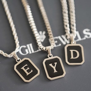 Onyx Initial Necklace , Men&#39;s Silver Letter Initial Necklace , Waterproof , Stainless Steel , Gold Initial , Personalized Mens Jewelry Gift