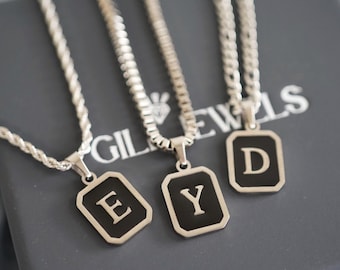 Onyx Initial Necklace , Men&#39;s Silver Letter Initial Necklace , Waterproof , Stainless Steel , Gold Initial , Personalized Mens Jewelry Gift